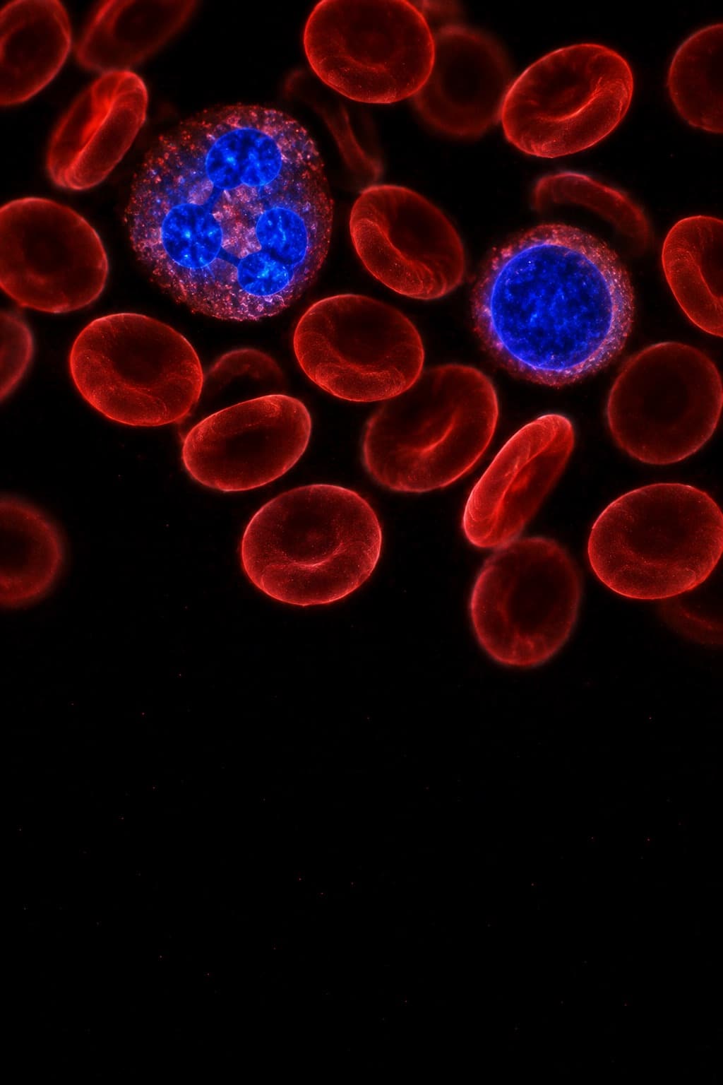 Fluorescence micrograph of human blood: red cells and two white cells with blue-stained nuclei